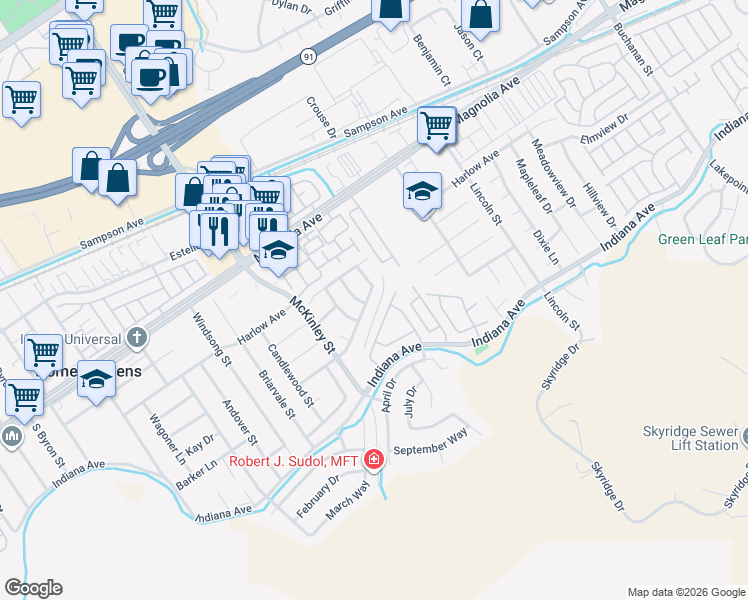 map of restaurants, bars, coffee shops, grocery stores, and more near 3627 Windstorm Way in Riverside