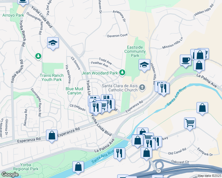 map of restaurants, bars, coffee shops, grocery stores, and more near 5640 Greenbriar Drive in Yorba Linda