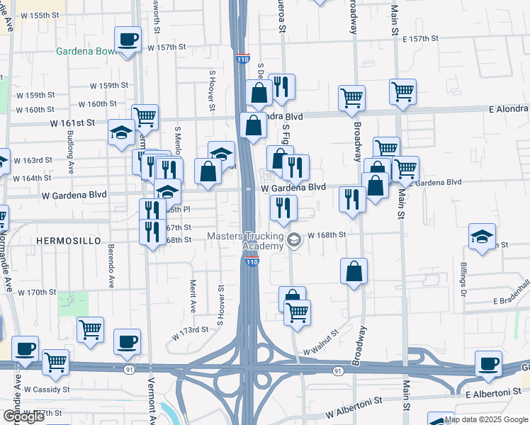 map of restaurants, bars, coffee shops, grocery stores, and more near 16609 South Denver Avenue in Gardena