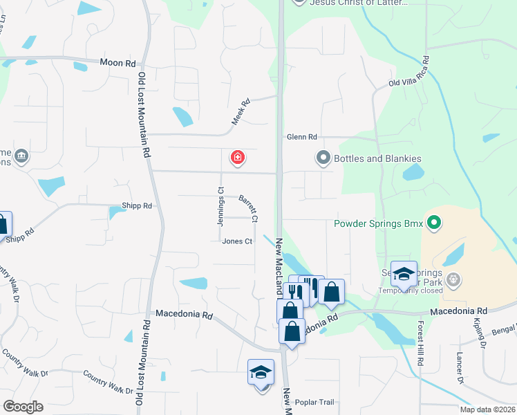 map of restaurants, bars, coffee shops, grocery stores, and more near 3015 Barrett Court in Powder Springs
