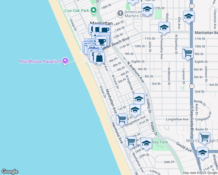map of restaurants, bars, coffee shops, grocery stores, and more near 505 Bayview Drive in Manhattan Beach