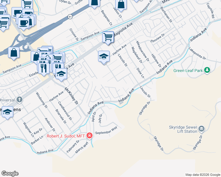 map of restaurants, bars, coffee shops, grocery stores, and more near 3523 April Shower Drive in Riverside