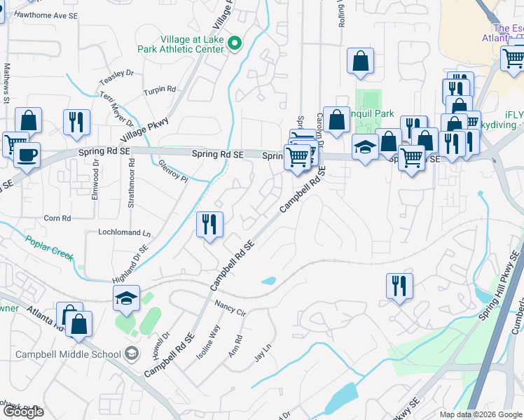 map of restaurants, bars, coffee shops, grocery stores, and more near 1101 Country Park Drive in Smyrna