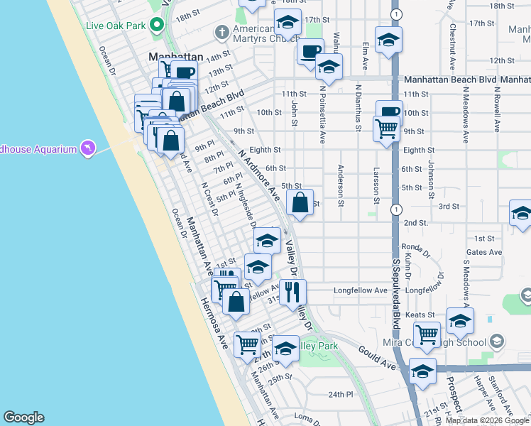map of restaurants, bars, coffee shops, grocery stores, and more near 533 3rd Street in Manhattan Beach