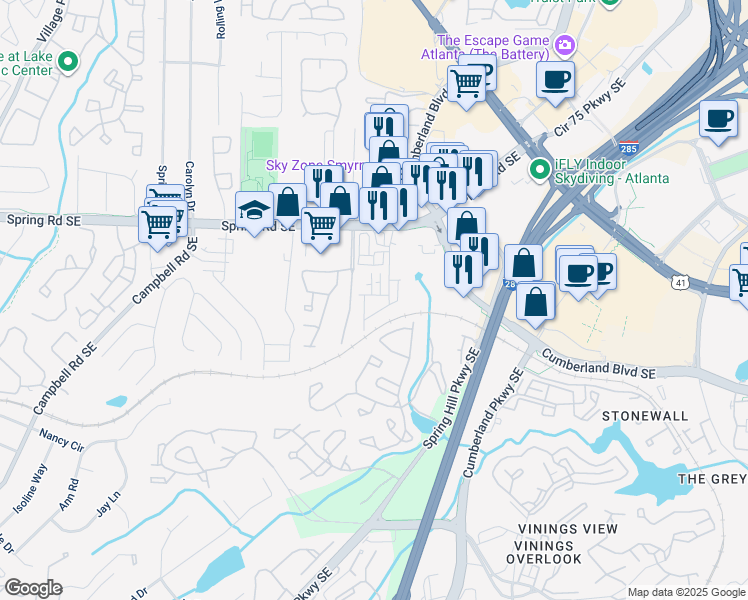 map of restaurants, bars, coffee shops, grocery stores, and more near 2625 Blackburn Court Southeast in Smyrna