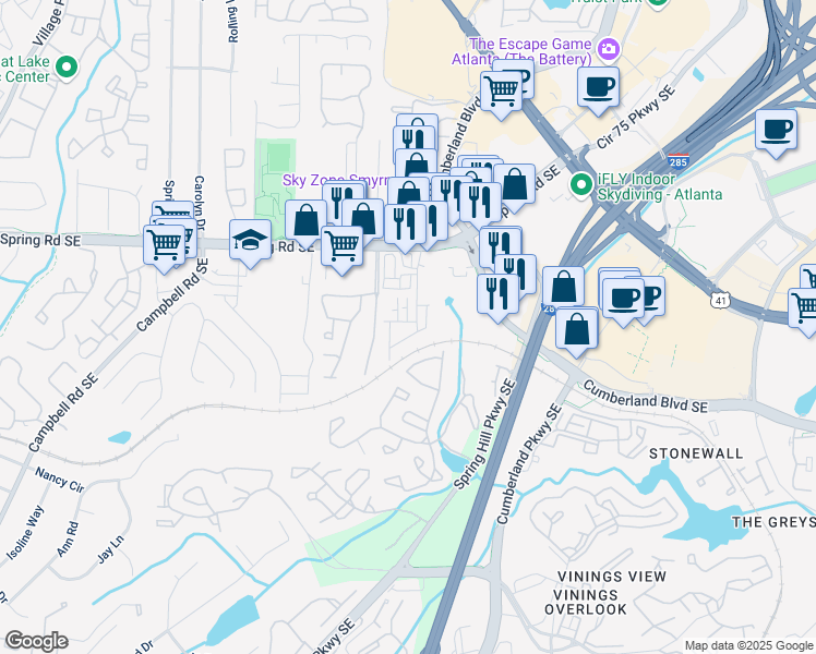 map of restaurants, bars, coffee shops, grocery stores, and more near 2641 Blackburn Court Southeast in Smyrna