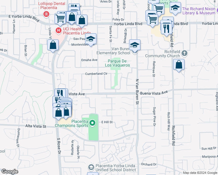 map of restaurants, bars, coffee shops, grocery stores, and more near 5441 Saratoga Street in Yorba Linda
