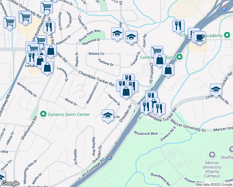 map of restaurants, bars, coffee shops, grocery stores, and more near 2759 Chamblee Tucker Road in Chamblee