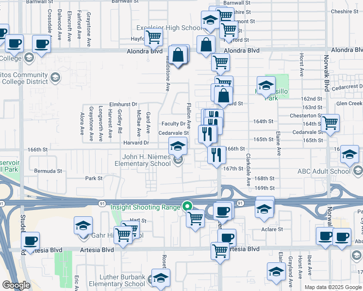 map of restaurants, bars, coffee shops, grocery stores, and more near 11658 Harvard Drive in Norwalk