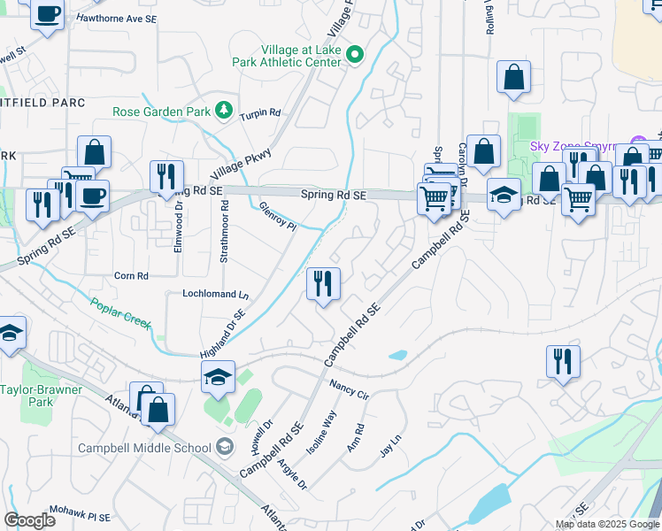 map of restaurants, bars, coffee shops, grocery stores, and more near 1507 Countryside Place in Smyrna