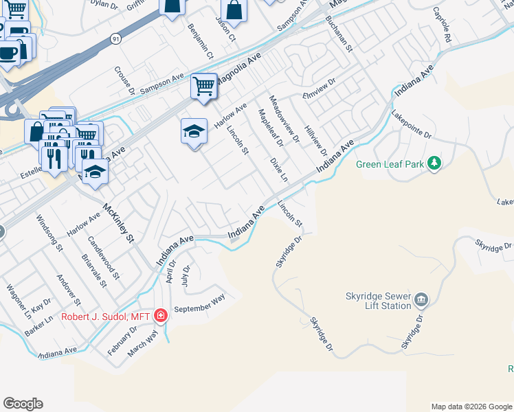map of restaurants, bars, coffee shops, grocery stores, and more near 12772 Bridgewood Circle in Riverside