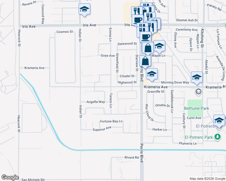 map of restaurants, bars, coffee shops, grocery stores, and more near 16522 Tarano Lane in Moreno Valley