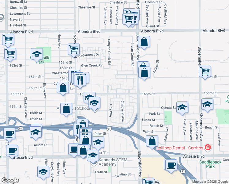 map of restaurants, bars, coffee shops, grocery stores, and more near 16524 Bluegrass Lane in Cerritos