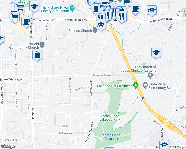 map of restaurants, bars, coffee shops, grocery stores, and more near 18211 Buena Vista Avenue in Yorba Linda