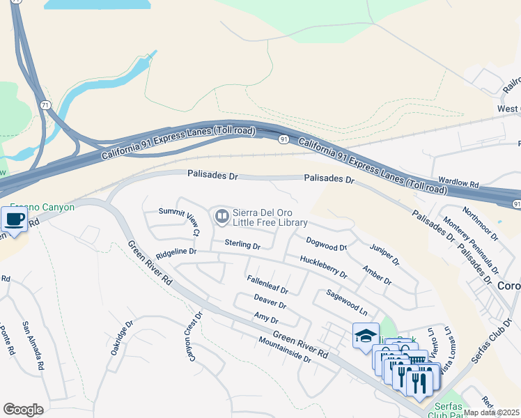 map of restaurants, bars, coffee shops, grocery stores, and more near 3283 Braemar Lane in Corona