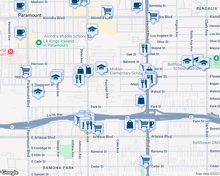 map of restaurants, bars, coffee shops, grocery stores, and more near 16844 Passage Avenue in Paramount
