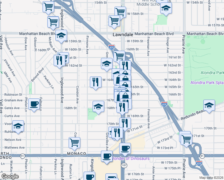 map of restaurants, bars, coffee shops, grocery stores, and more near 4447 166th Street in Lawndale