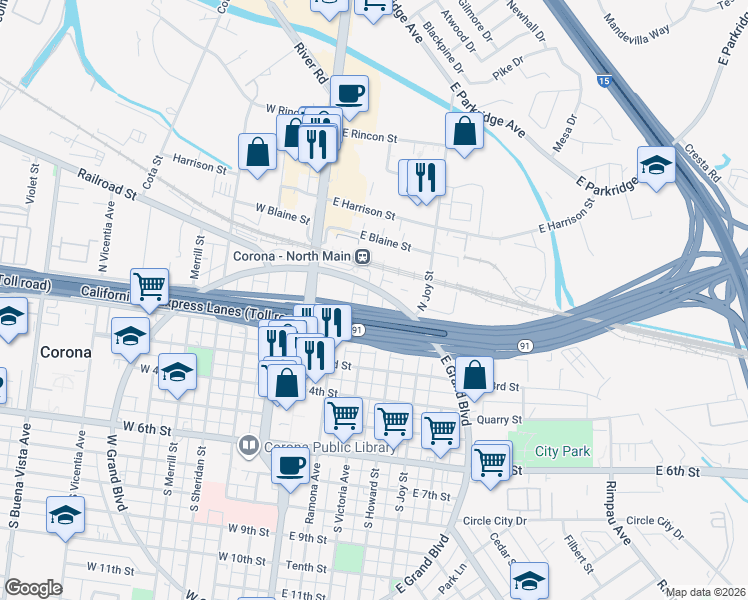 map of restaurants, bars, coffee shops, grocery stores, and more near 115 North Victoria Avenue in Corona