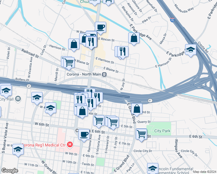 map of restaurants, bars, coffee shops, grocery stores, and more near 115 North Victoria Avenue in Corona