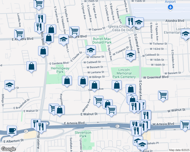 map of restaurants, bars, coffee shops, grocery stores, and more near 2709 West Billings Street in Compton