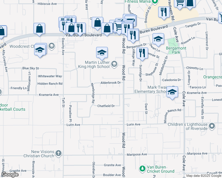 map of restaurants, bars, coffee shops, grocery stores, and more near 9351 Hearthstone Court in Riverside