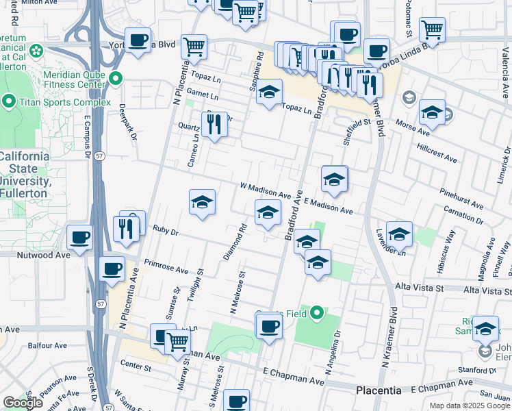 map of restaurants, bars, coffee shops, grocery stores, and more near 916 Diamond Road in Placentia