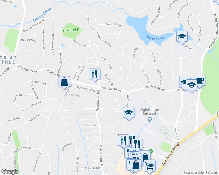 map of restaurants, bars, coffee shops, grocery stores, and more near 1380 Windsor Parkway in Atlanta
