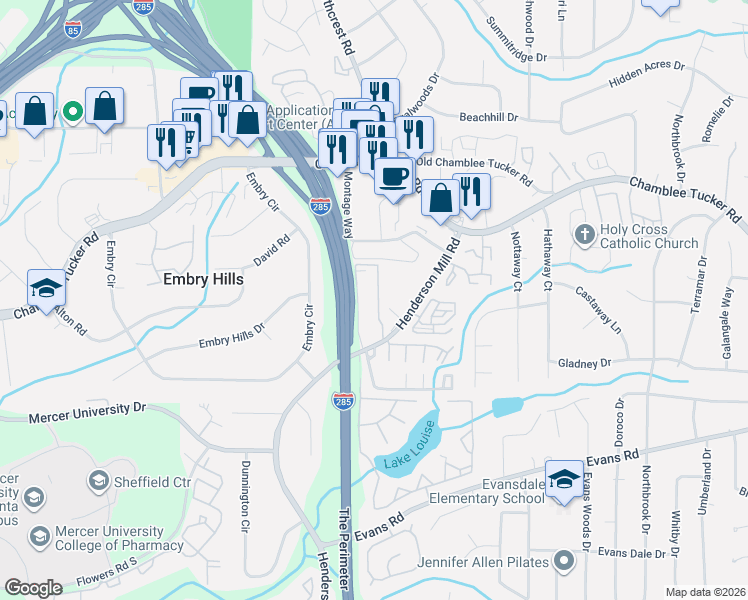 map of restaurants, bars, coffee shops, grocery stores, and more near 3220 Henderson Mill Road in Chamblee