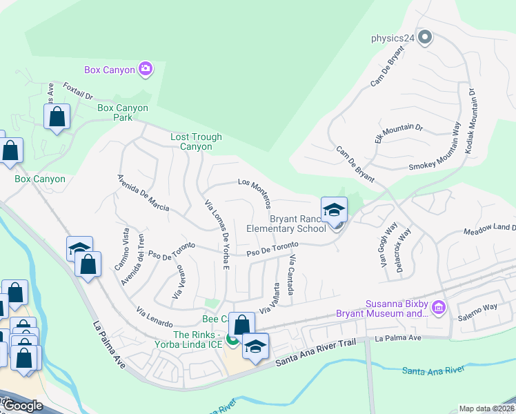 map of restaurants, bars, coffee shops, grocery stores, and more near 5410 Los Estados in Yorba Linda