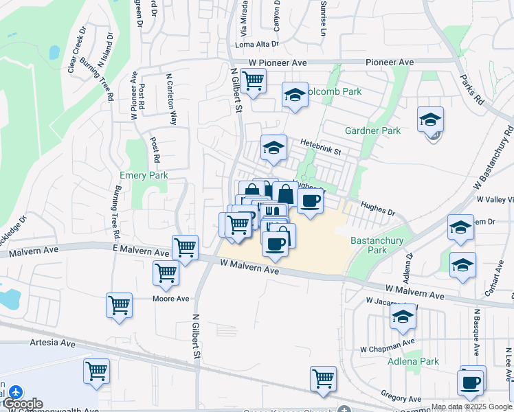 map of restaurants, bars, coffee shops, grocery stores, and more near 1001 Starbuck Street in Fullerton