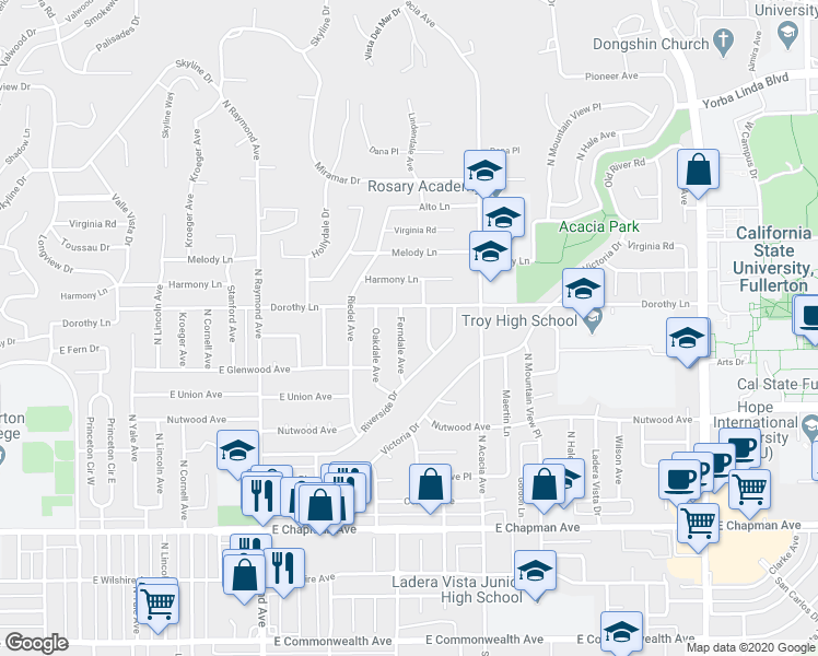 map of restaurants, bars, coffee shops, grocery stores, and more near 1106 Ferndale Avenue in Fullerton