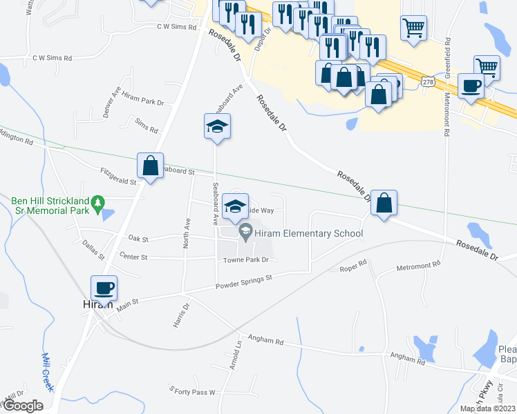 map of restaurants, bars, coffee shops, grocery stores, and more near 182 Trailside Circle in Hiram
