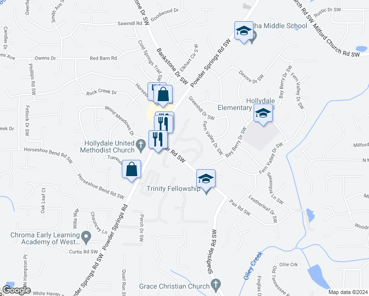 map of restaurants, bars, coffee shops, grocery stores, and more near 2160 Denson Lane South West in Marietta