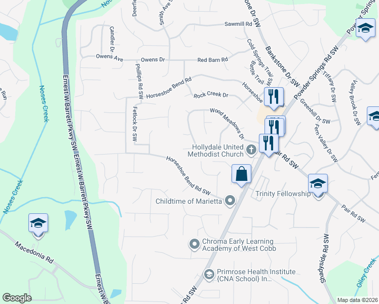 map of restaurants, bars, coffee shops, grocery stores, and more near 2505 Wood Meadows Trail Southwest in Marietta