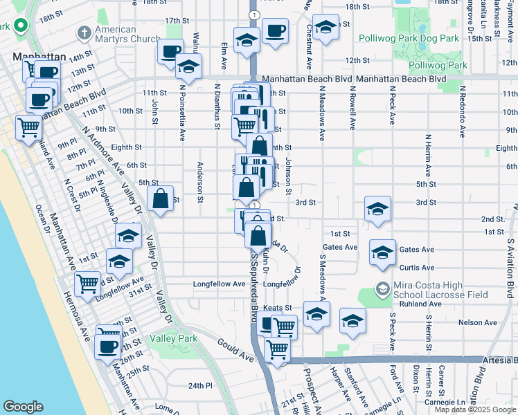 map of restaurants, bars, coffee shops, grocery stores, and more near 1127 2nd Street in Manhattan Beach