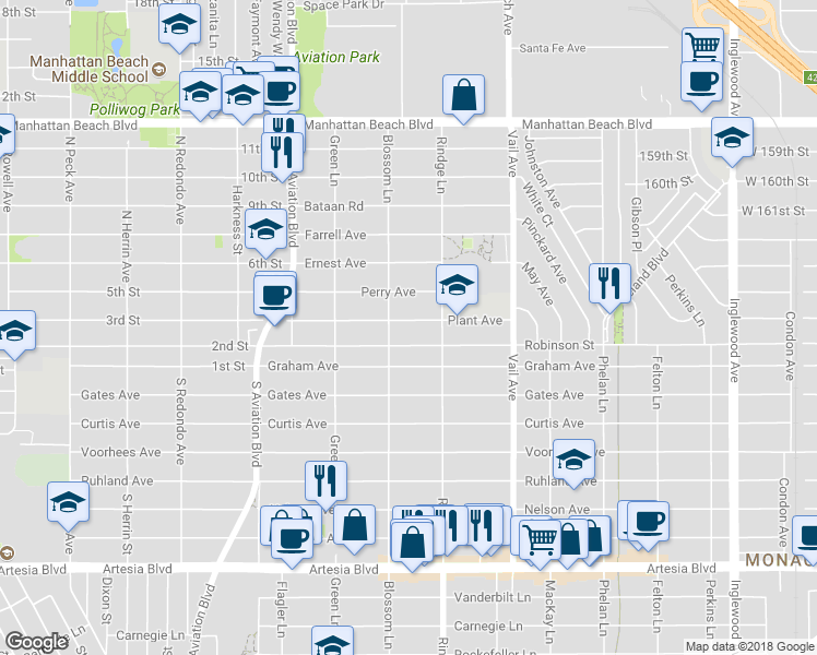 map of restaurants, bars, coffee shops, grocery stores, and more near 2108 Plant Avenue in Redondo Beach