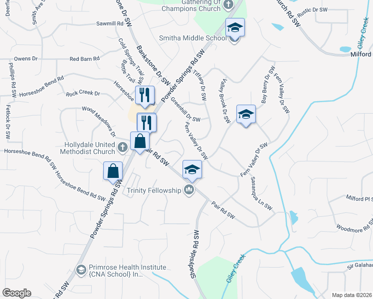 map of restaurants, bars, coffee shops, grocery stores, and more near 2991 Garland Drive Southwest in Marietta