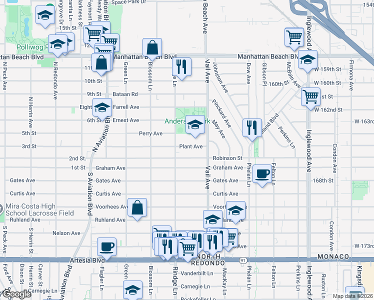 map of restaurants, bars, coffee shops, grocery stores, and more near 2802 Rindge Lane in Redondo Beach