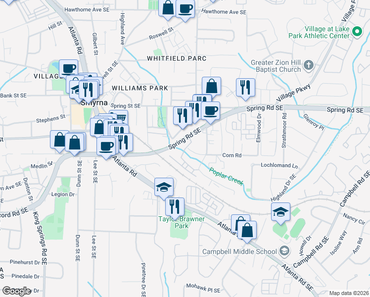 map of restaurants, bars, coffee shops, grocery stores, and more near in Smyrna
