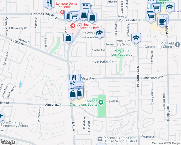 map of restaurants, bars, coffee shops, grocery stores, and more near 5431 Westmoreland Drive in Yorba Linda