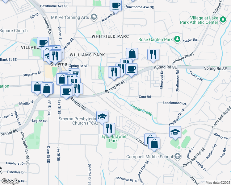 map of restaurants, bars, coffee shops, grocery stores, and more near in Smyrna