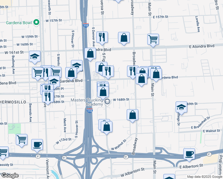 map of restaurants, bars, coffee shops, grocery stores, and more near 16536 South Figueroa Street in Gardena