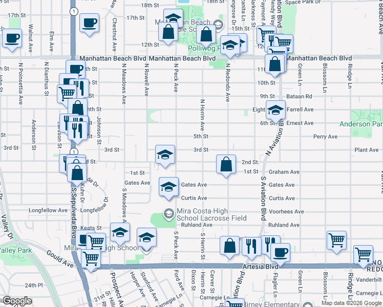map of restaurants, bars, coffee shops, grocery stores, and more near 1534 3rd Street in Manhattan Beach