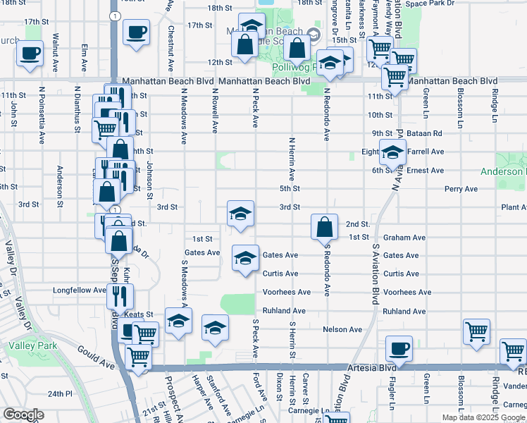 map of restaurants, bars, coffee shops, grocery stores, and more near 215 North Peck Avenue in Manhattan Beach