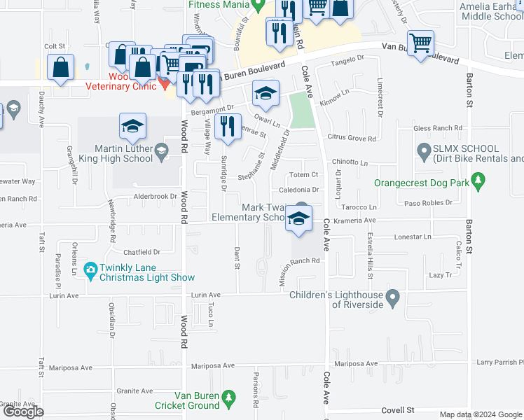 map of restaurants, bars, coffee shops, grocery stores, and more near 19325 Bridgewater Lane in Riverside