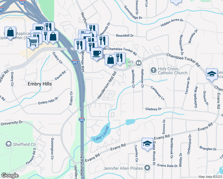 map of restaurants, bars, coffee shops, grocery stores, and more near 3499 Henderson Reserve in Atlanta