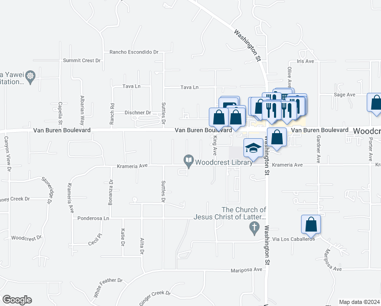 map of restaurants, bars, coffee shops, grocery stores, and more near 16465 Lois Lane in Riverside
