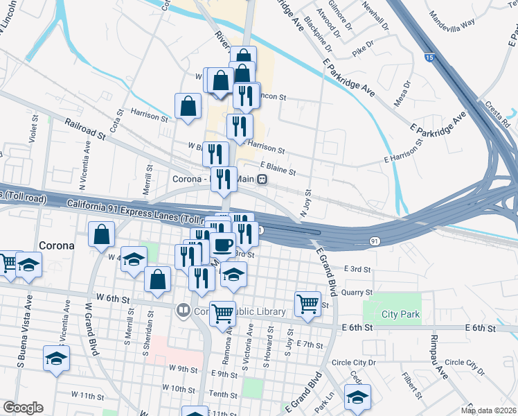 map of restaurants, bars, coffee shops, grocery stores, and more near 108 North Victoria Avenue in Corona