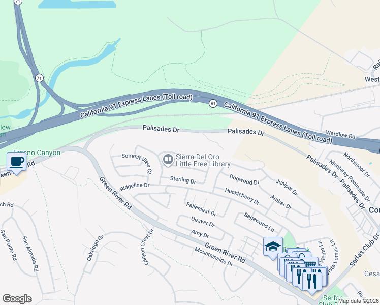 map of restaurants, bars, coffee shops, grocery stores, and more near 3271 Braemar Lane in Corona