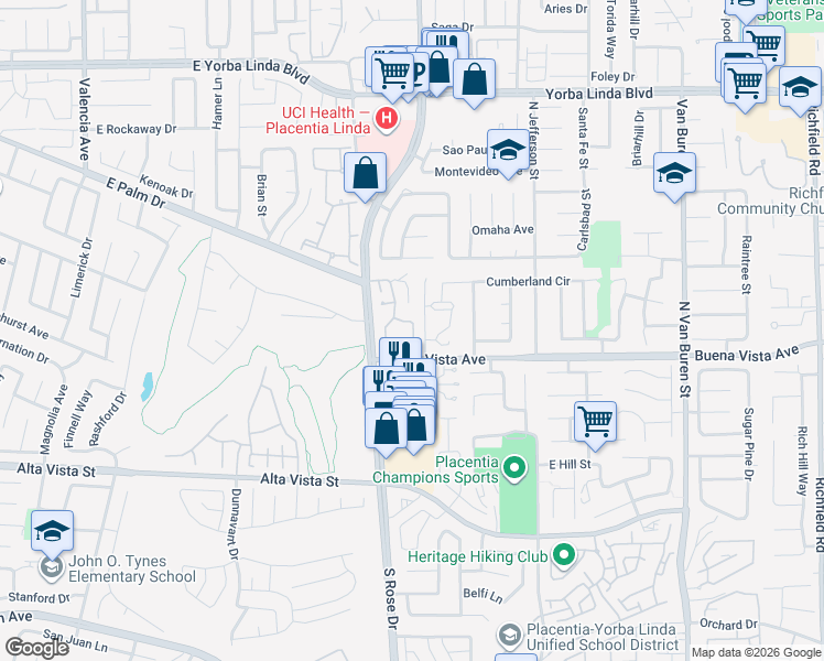 map of restaurants, bars, coffee shops, grocery stores, and more near 5555 Greenwich Circle in Yorba Linda